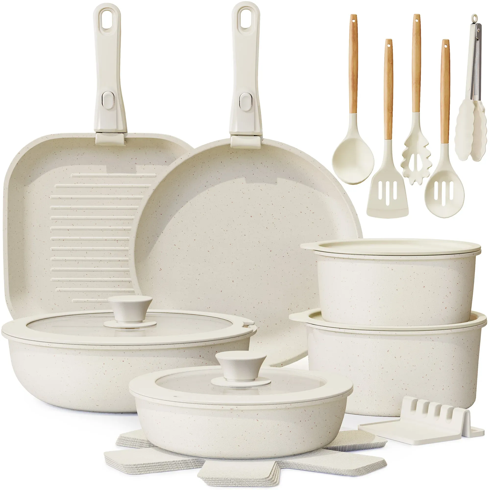 22-Piece Nonstick Cookware Set with Detachable Handles, Cream White