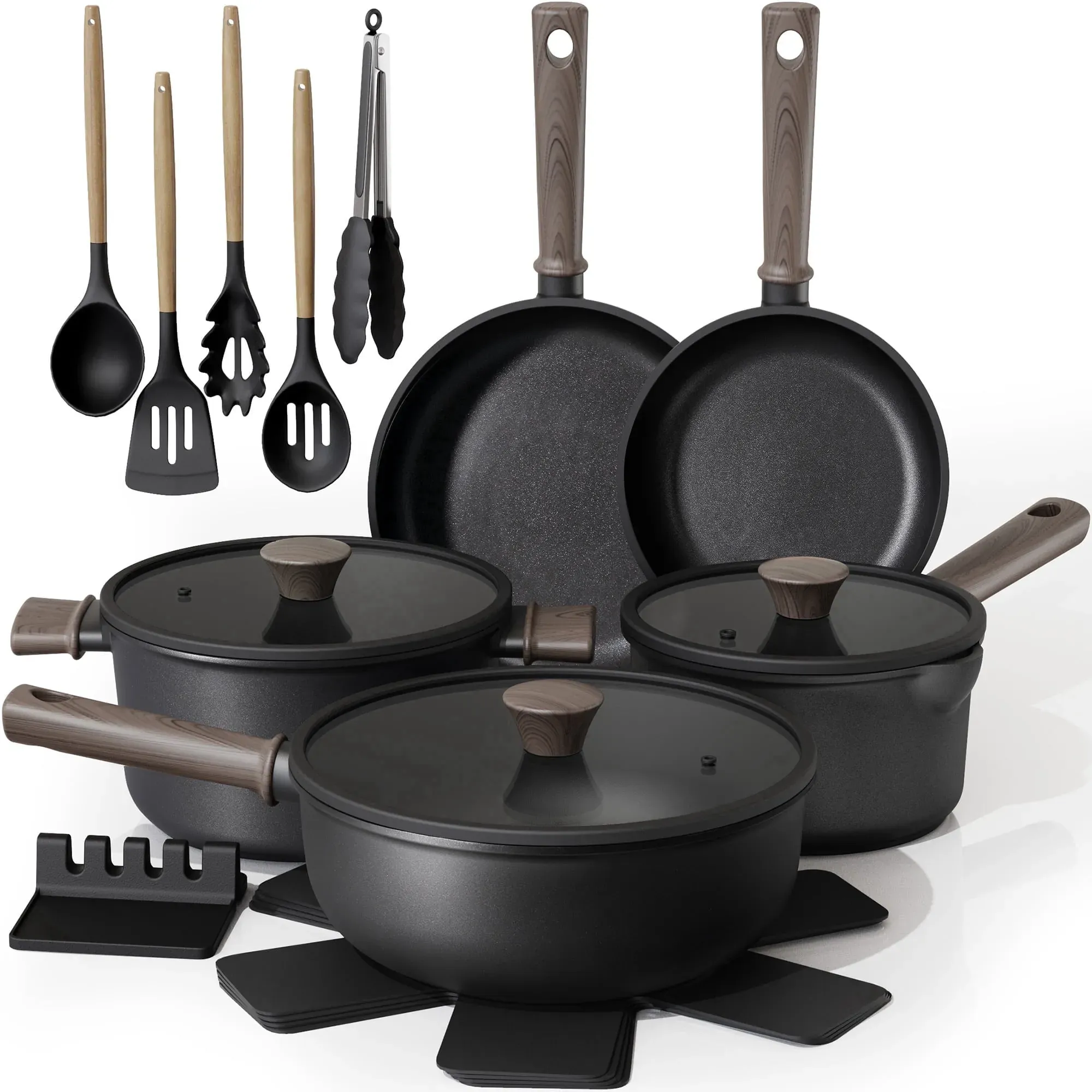 18-Piece Black Titanium Nonstick Cookware Set, Oven Safe to 480°F
