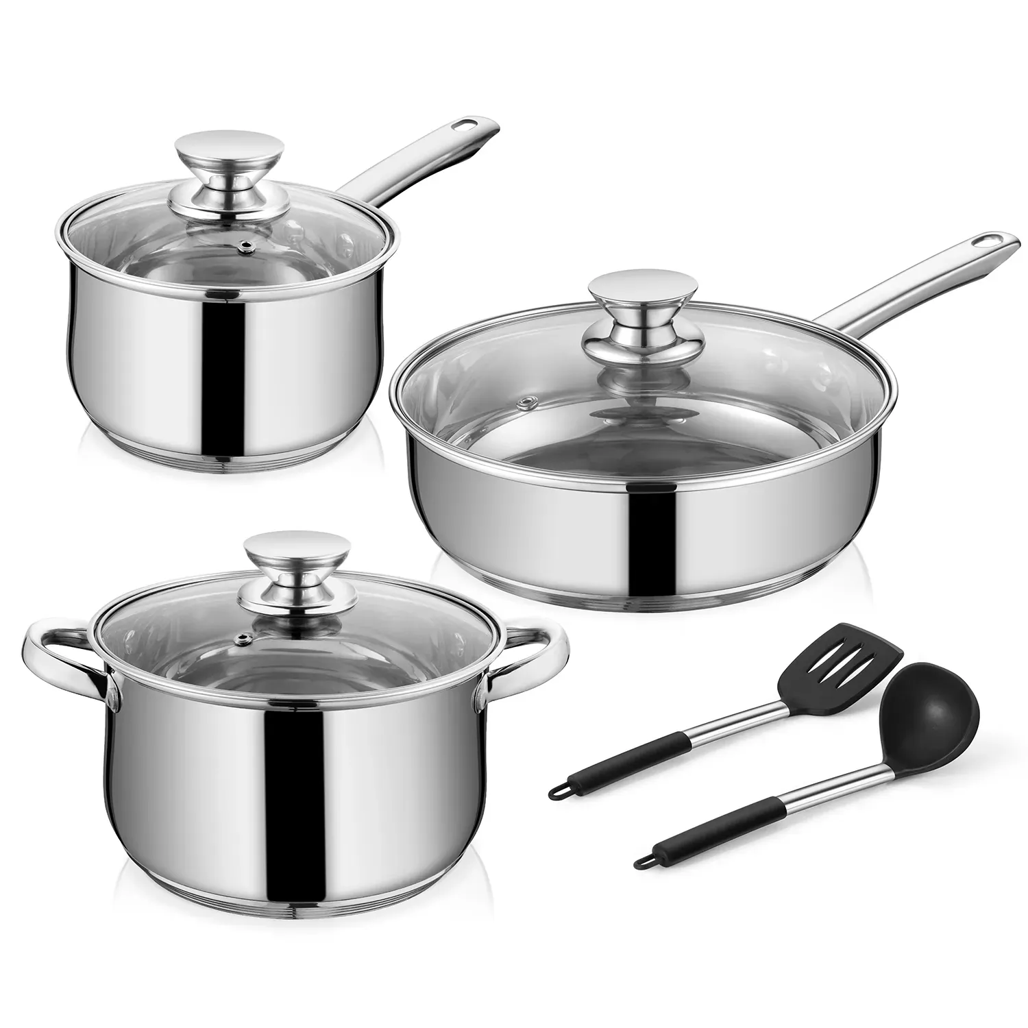 8-Piece Stainless Steel Cookware Set with Glass Lids and Utensils