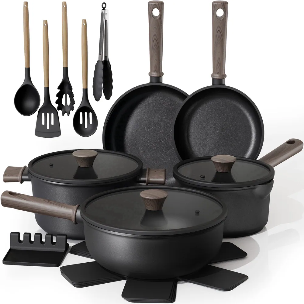 18-Piece Pots and Pans Set, Black Titanium Induction Nonstick Cookware Set, Oven Safe to 480°F, Induction Compatible & Dishwasher Safe, Kitchen Cooking Set for RV Trips, Camping and Picnic